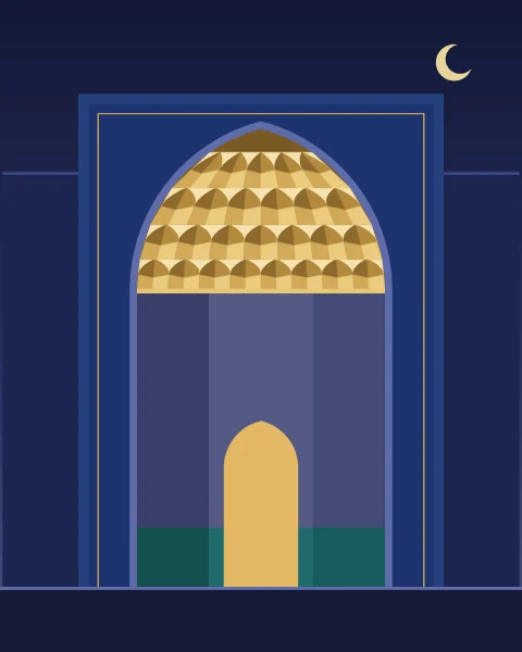 A tiled portal at dusk under a crescent moon, its muqarnas half-dome glowing gold and its doorway lit.