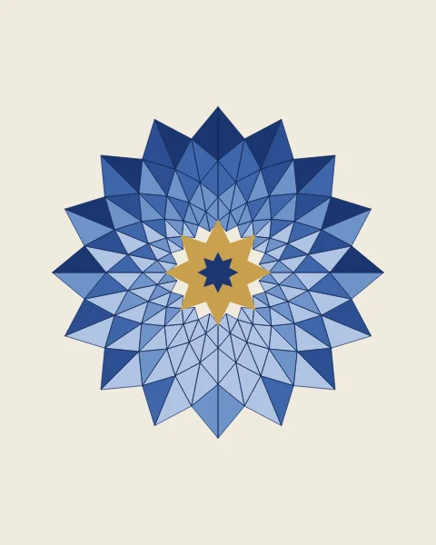 The top rings of a muqarnas dome drawn on their own in shades of lapis, their points forming a many-pointed star around a gold star.