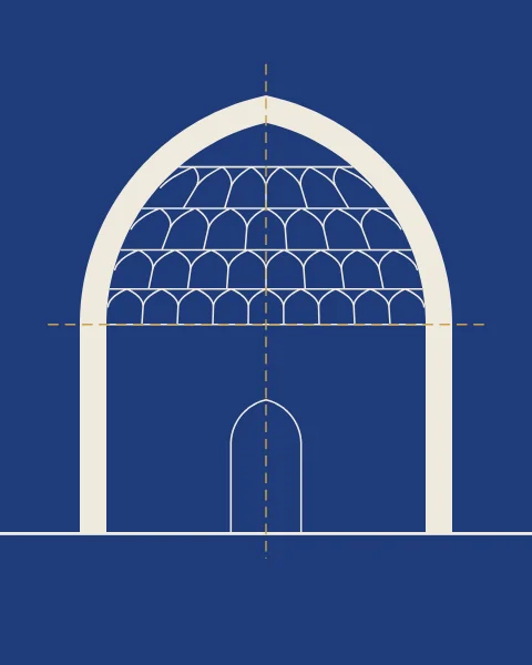 An architectural section of a domed room in white line on lapis: the cut walls and pointed shell in solid stucco, the far half of the vault drawn row by row in cells, with gold construction lines on the axis and at the springing.