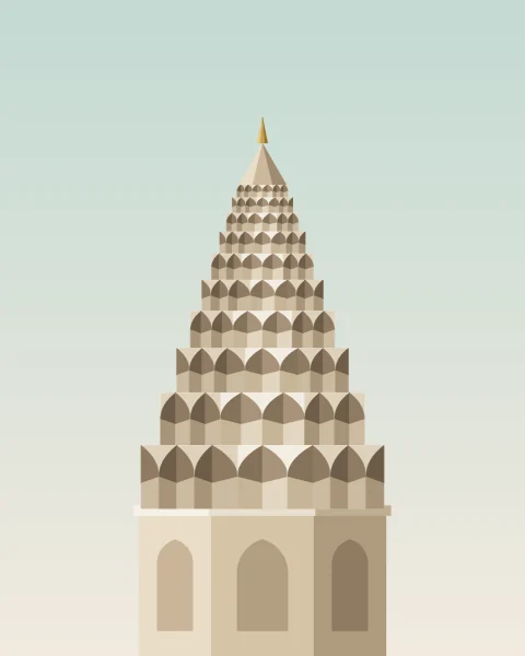 A tall conical dome covered on the outside with tier upon tier of muqarnas niches, rising from an octagonal drum with blind arches into a pale sky.