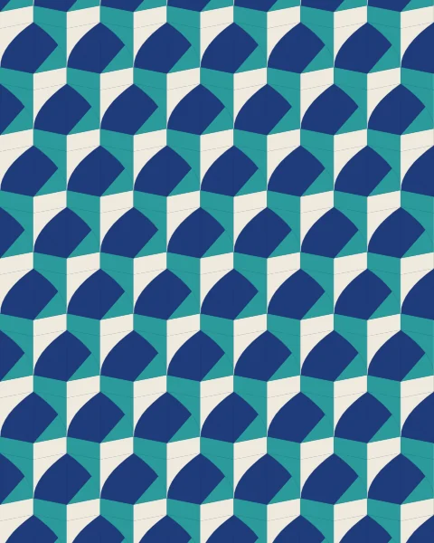 The rhythm of a muqarnas cornice reduced to three flat colours, lapis, turquoise and stucco, repeating across the sheet.
