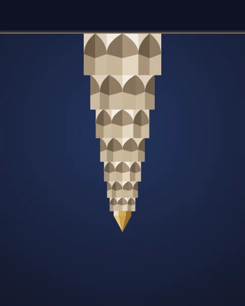 A stalactite pendant of stucco cells hanging from a dark ceiling, tier by tier narrowing to a small gold point; in wide formats a larger pendant hangs between two smaller ones.