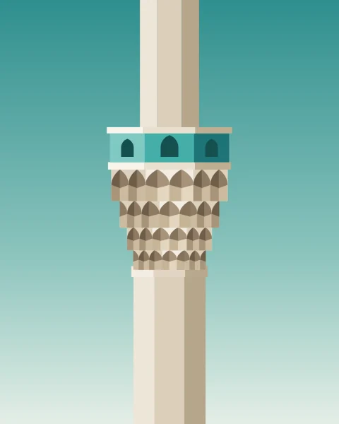 A minaret shaft against a turquoise sky, its balcony carried on four tiers of muqarnas cells beneath a turquoise parapet pierced with small arches.