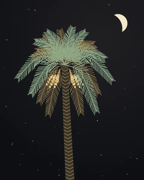 A date palm rises into a full crown of arching fronds, with strings of ripe dates beneath and a thin crescent moon above.