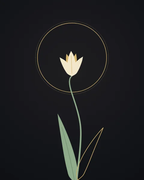 One slender, dagger-petalled tulip on a curving stem, set inside a fine gold circle.