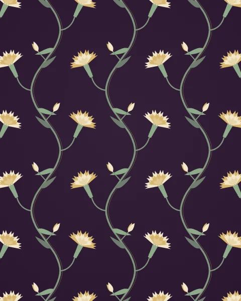 A repeating pattern of carnation sprays, each with a full flower, a bud and paired narrow leaves, alternating cream and gold.