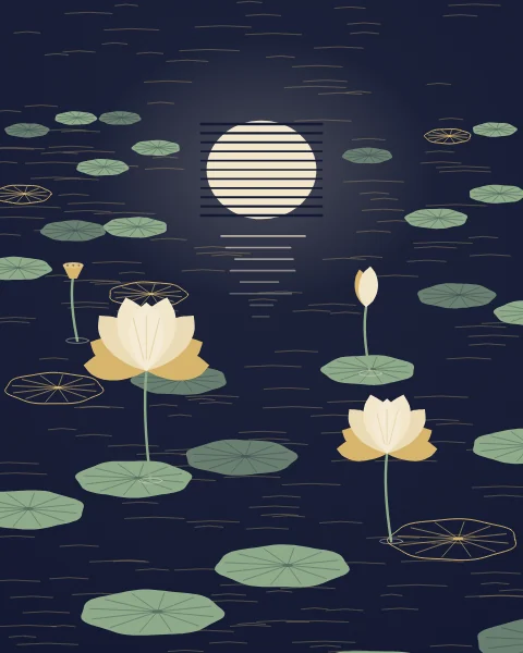 The moon lies broken into bands on the surface of a pool, surrounded by floating lotus leaves, open flowers, a bud and a seed head.