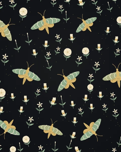 Hawkmoths fly over a close carpet of night-flowering plants: jasmine, moonflower and night-scented stock.