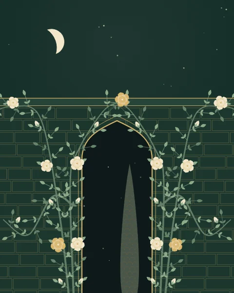 A climbing rose covers a stone garden wall and frames a pointed doorway, with a cypress glimpsed inside and a crescent moon above.