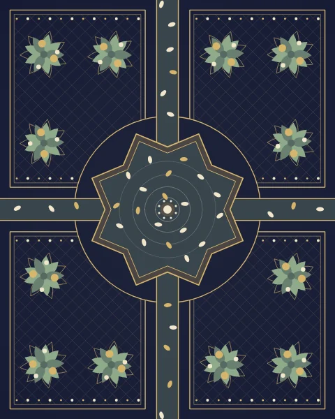 A garden plan seen from above: an eight-pointed fountain basin in a round paved surround, with four channels running out to the edges, petals floating on the water and orange trees in each quarter.