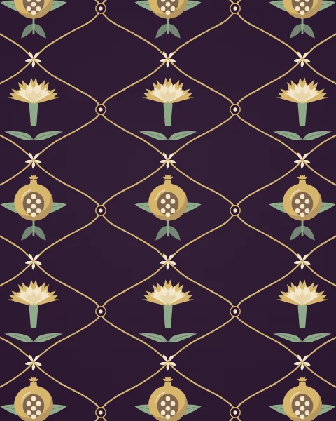 A gold ogee lattice repeats across the sheet, each cell holding a stylised pomegranate or carnation, with small rosettes at the crossings.