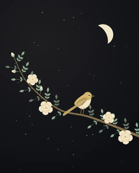 A nightingale perches on a rose branch in flower under a crescent moon.