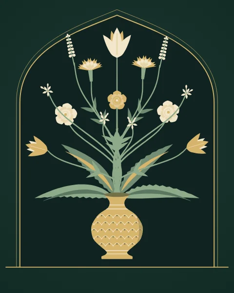 A round-bellied gold vase patterned with scales holds a bouquet of tulips, carnations, roses, hyacinths and jasmine, with long serrated saz leaves curving out on both sides, set in a pointed niche on the upright formats.