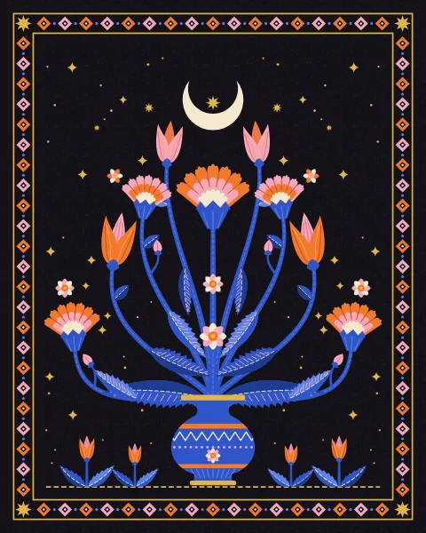 A tree of life rises from a striped cobalt vase, its mirrored stems carrying tangerine and pink tulips, fan-shaped carnations and long serrated saz leaves, under a cream crescent and small gold stars.