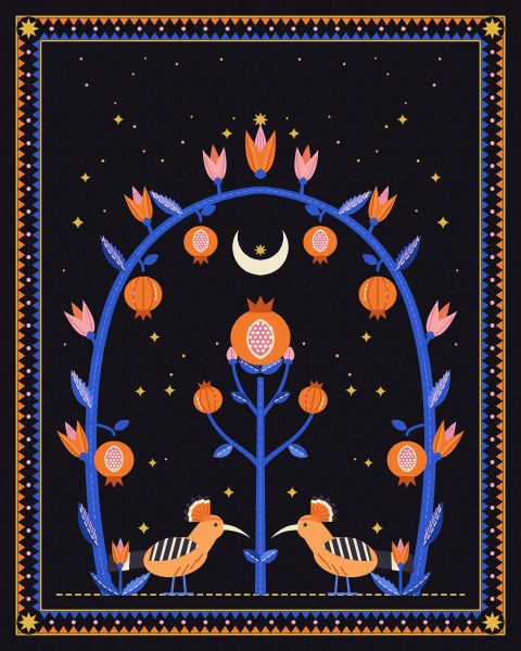 Two hoopoes face each other beneath a cobalt arch of pomegranates and tulips, with a small pomegranate tree between them and a crescent inside the arch.