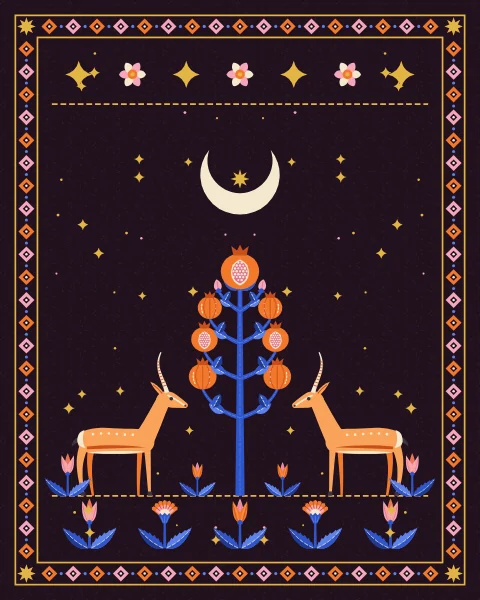 Two gazelles with ringed, lyre-shaped horns stand facing a pomegranate tree, its branches hung with whole and opened fruit, under a crescent moon.
