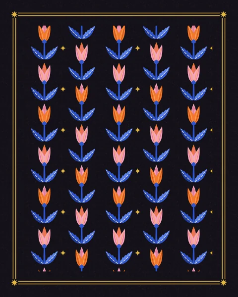 Tulip sprigs in tangerine and pink, each rising from a pair of serrated saz blades, repeat in a half-drop across a night ground scattered with gold dots.