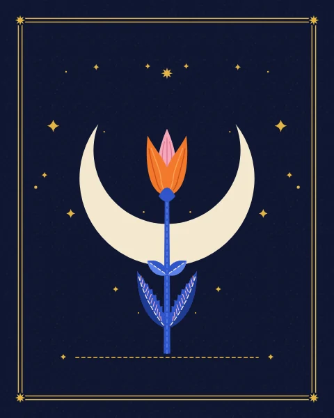 A single tangerine tulip on a slender cobalt stem rises into the bowl of a large cream crescent, with a few gold stars around it.
