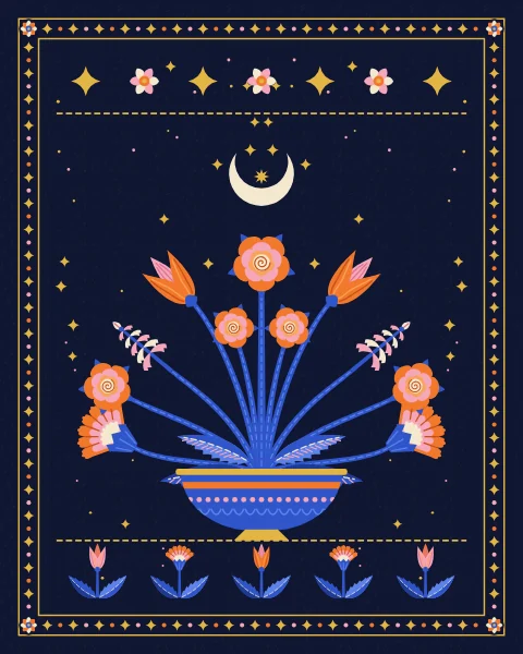 A footed cobalt bowl overflows with a fan of flowers: open roses seen from above, pink and cream hyacinths, carnations and tulips, framed by serrated saz leaves.