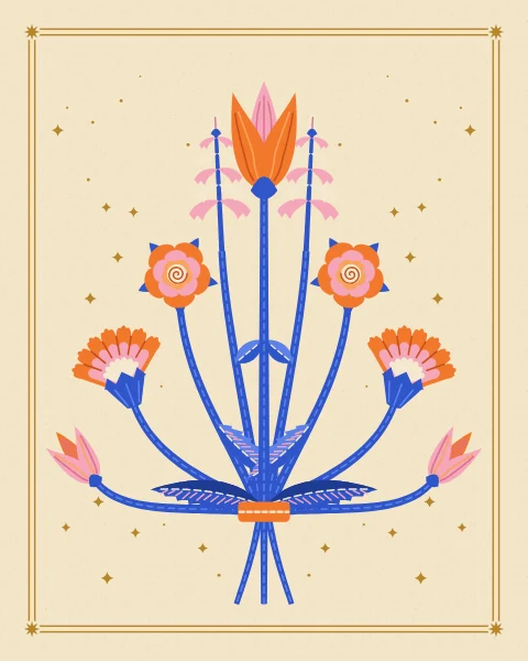 A tied bouquet on a pale ground: a tall tangerine tulip in the centre, with roses, carnations and pink hyacinths mirrored either side and saz leaves at the binding.