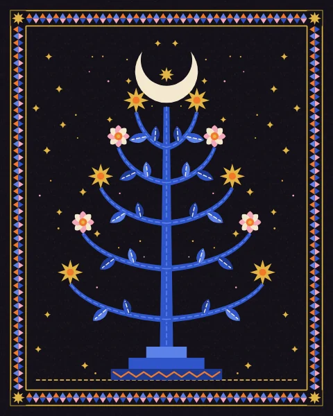 A cobalt tree on a stepped mound branches in mirrored tiers, each branch ending in a gold eight-pointed star or a small rosette, with a crescent at its crown.