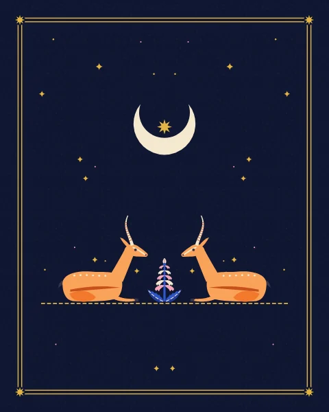 Two gazelles lie folded on the ground facing each other across a single hyacinth, beneath a crescent moon and a scatter of stars.