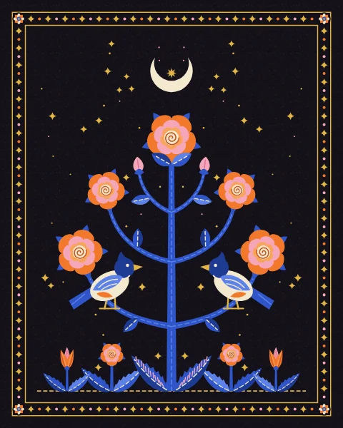 Two crested nightingales perch on the branches of a rose bush, facing its open blooms, with buds, leaves and a ground of small flowers below.