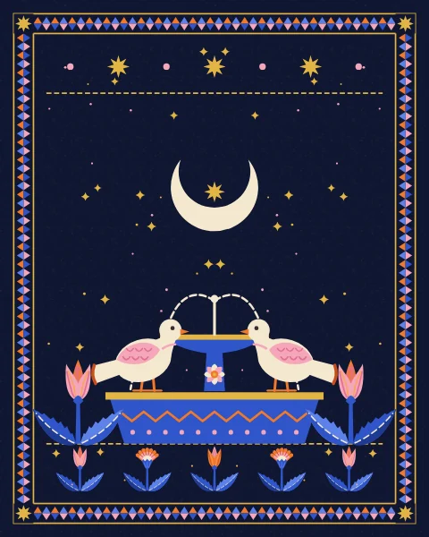 Two pale doves sit on the rim of a two-tier cobalt fountain, its jets falling in dashed arcs, with tulips at its foot and a crescent overhead.