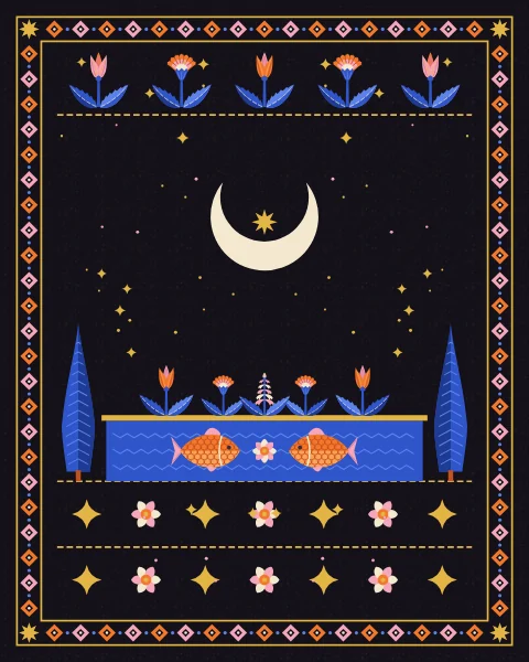 Two scaled tangerine fish swim towards a rosette in a long cobalt pool edged in gold, with tulips and a hyacinth along its rim and a cypress standing at each end.