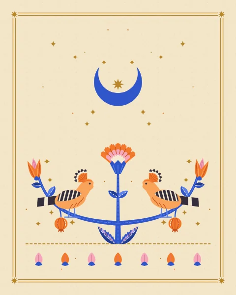 Two hoopoes with fanned crests perch on the outstretched arms of a cobalt branch, facing a carnation at its centre, on a pale cream ground.