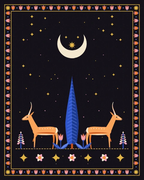 Two gazelles stand back to back on either side of a tall cobalt cypress, each lifting a foreleg, with tulips and hyacinths at their feet.