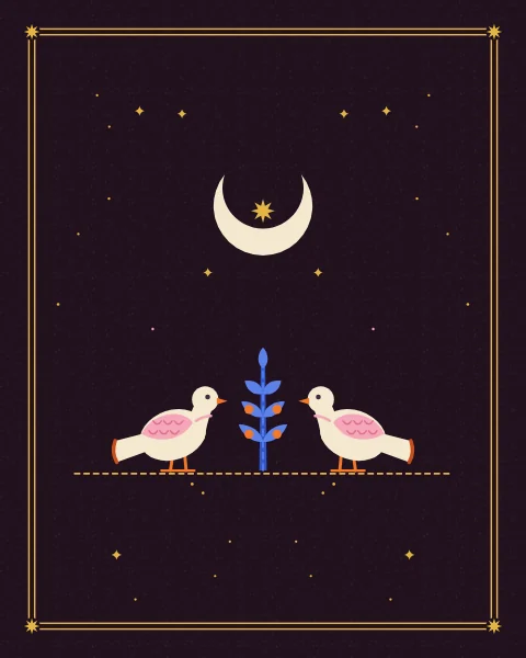 Two pale doves with pink wings stand facing each other on either side of a slender sprig hung with small fruit, under a crescent moon.