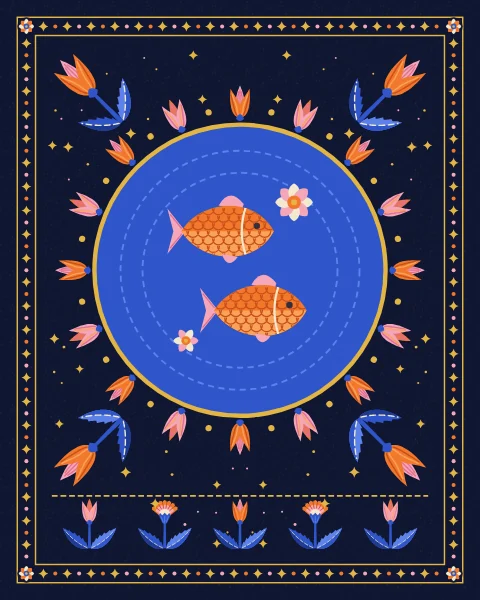 Two scaled tangerine fish swim the same way, one above the other, in a round cobalt pool marked with dashed ripples, ringed by a crown of small tulips.