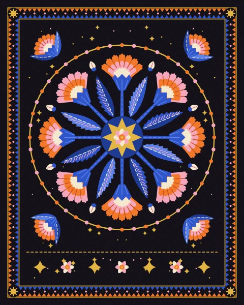 Eight carnations radiate from a gold star at the centre of a round medallion, alternating tangerine and pink, with serrated saz leaves and cream buds between them.