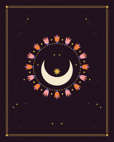 A cream crescent with a small gold star rests inside a ring of pink and tangerine buds and gold dots on a deep plum ground.