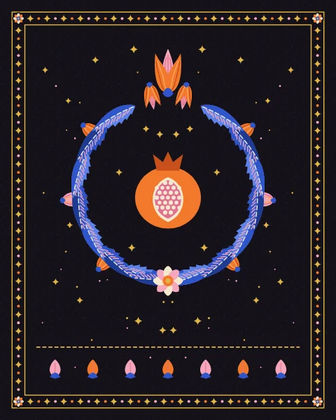 A ring of serrated saz leaves in two blues, studded with small tulips, circles an opened pomegranate, with a tangerine tulip at the top and a rosette at the base.