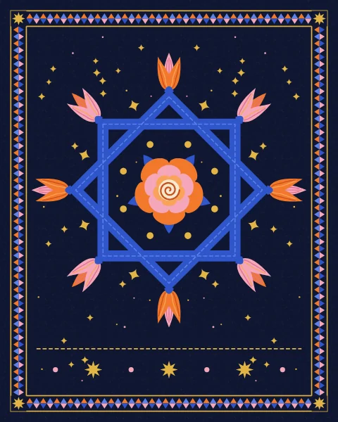 An eight-pointed star made from two overlapping cobalt squares holds an open rose at its centre, with a tulip springing from each of its eight points.