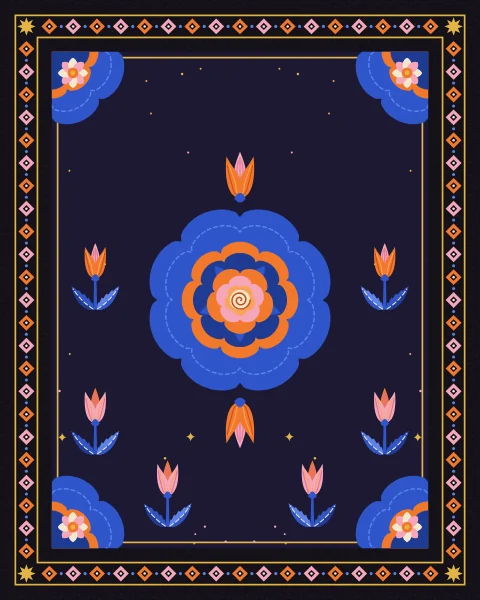 Laid out like a carpet: a lobed cobalt medallion with a rose at its heart sits in a dark field scattered with tulip sprigs, with quarter medallions in each corner and a running border.