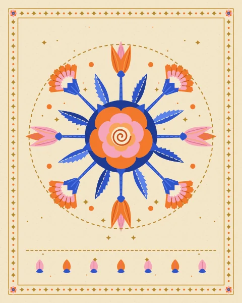 A large open rose sits at the centre of eight radiating hyacinth spikes in pink, tangerine and cream, with cobalt leaves between them, on a pale ground.