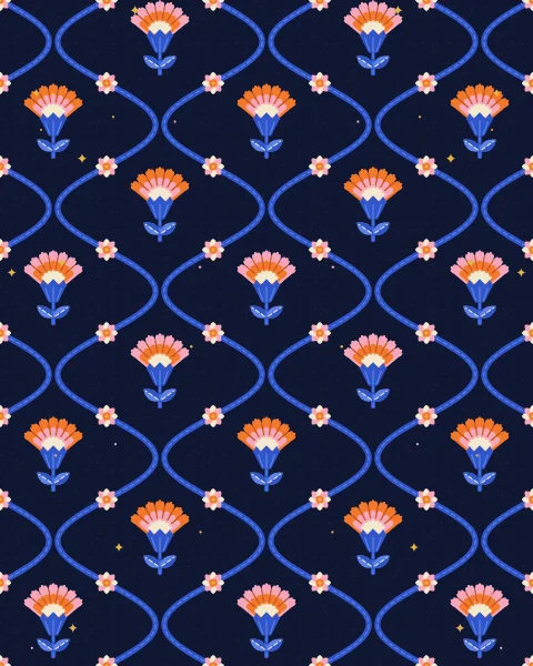 Wavy cobalt stems meet and part to form an ogee lattice, each pointed cell holding an upright carnation, with small rosettes where the stems touch.