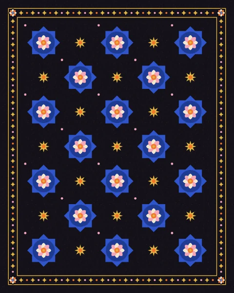 A grid of cobalt eight-pointed stars, each holding a cream and pink rosette, alternates with small gold stars across a night ground.