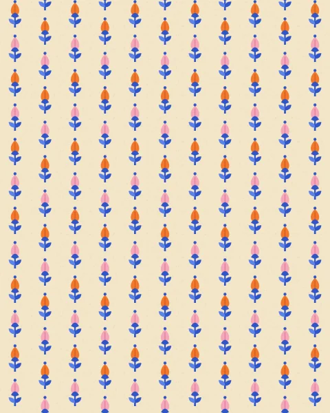 Small tangerine and pink buds on cobalt stalks repeat in close offset rows across a pale cream ground, with tiny cobalt dots between them.
