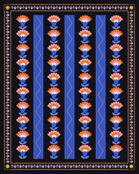 Vertical stripes alternate between cobalt bands with a running zigzag and columns of carnations climbing a fine wavy stem, on a night ground.