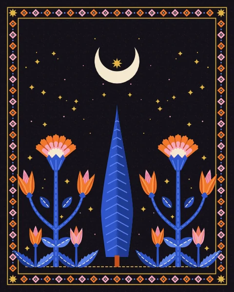 A row of tall cobalt cypresses alternates with small flowering trees along a garden walk, beneath a crescent moon and a sky of gold stars.