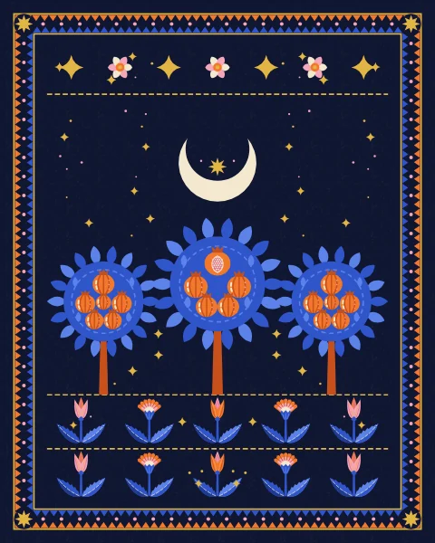 A row of round-crowned pomegranate trees stands along a gold ground line, their cobalt crowns hung with tangerine fruit, beneath a crescent and stars.