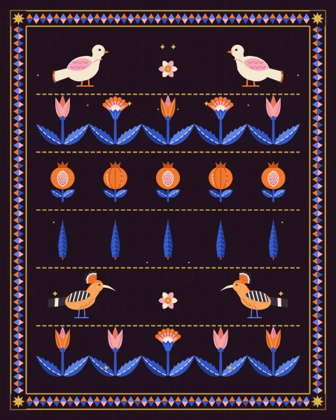 Stacked bands like a woven hanging: a row of doves, a row of tulips and carnations, a row of pomegranates and a row of small cypresses, divided by fine gold rules.