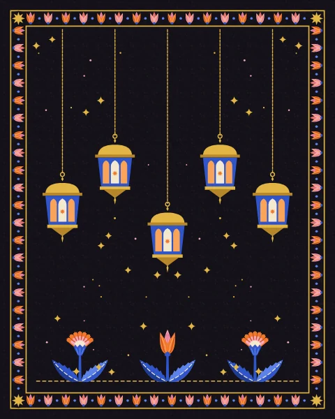 Gold lanterns with glowing arched windows hang on fine chains at different heights above a bed of tulips and hyacinths, with stars between them.
