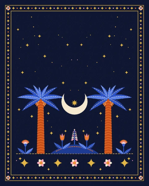 Two date palms heavy with fruit frame a crescent moon, with a low cobalt mound of flowers between them and a scatter of gold stars.
