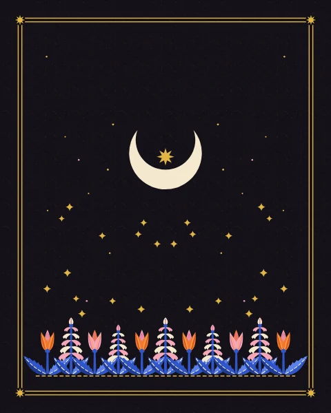 A low bed of pink and cream hyacinths with tulips between them runs along the foot of a wide night sky that holds a large crescent and a few gold stars.