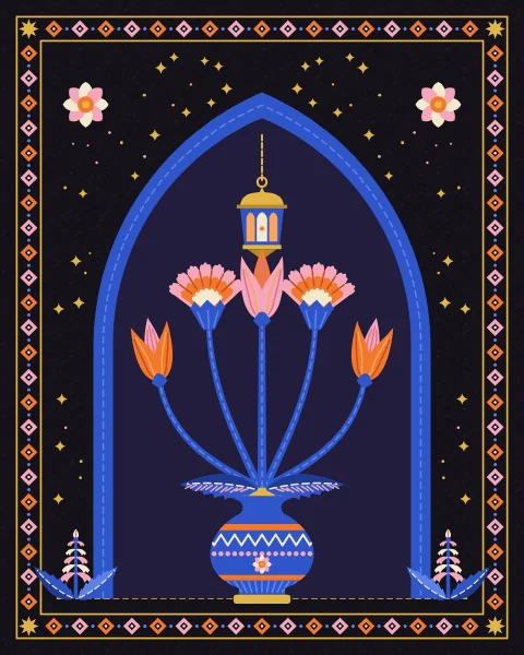 A pointed cobalt arch frames a lantern hanging above a vase of tulips and carnations, with rosettes in the corners and hyacinths outside the arch.